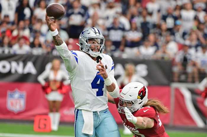 Dallas Cowboys QB Dak Prescott threw his first interception of the season in the dying moments of their loss against the Arizona Cardinals.
